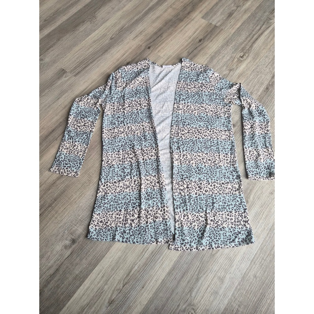 Phil Love Womens Leopard Print Striped Open Front Cardigan Blue Tan Small